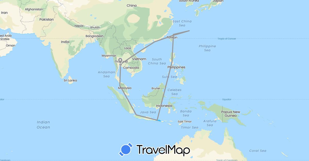 TravelMap itinerary: driving, plane, boat in China, Indonesia, Japan, Malaysia, Philippines, Thailand, Taiwan (Asia)